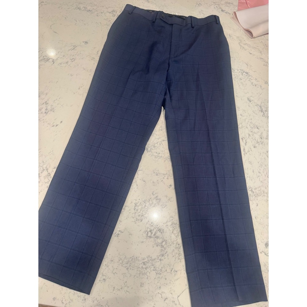 Lauren Ralph Lauren Mens Navy Blue Windowpane Plaid Dress Pants 32L Stretch
